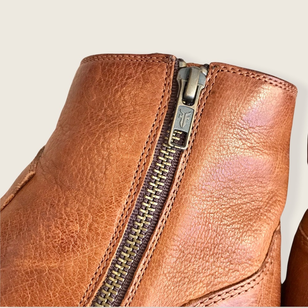 Frye Brooke Short Cognac Genuine Leather Inside Zip Classic Comfy Ankle Booties - Picture 10 of 12